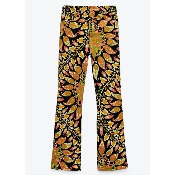 Zara Jacquard Floral Tropical Print Flare Mid Rise Stretch Trouser Pants - Picture 5 of 13